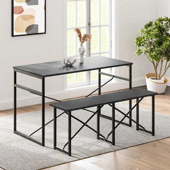 Eportatif Masa Takımı Bench Bank Masa Seti 120x60 Mutfak ve Yemek Masası Füme 1561