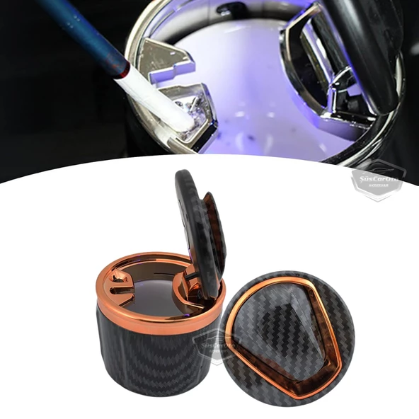 Üniversal Porselen Yanmaz Koku Geçirmez Mavi Işıklı Lüx Oto Küllük Dumansız Kapaklı Spor Araç İçi Küllük Araba Küllüğü Gold Karbon - 3