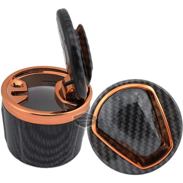 Üniversal Porselen Yanmaz Koku Geçirmez Mavi Işıklı Lüx Oto Küllük Dumansız Kapaklı Spor Araç İçi Küllük Araba Küllüğü Gold Karbon - 4