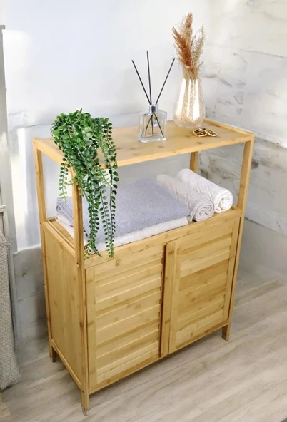 Bambu Çift Kapaklı 2 Raflı Çok Amaçlı Düzenleyici Organizer Banyo Dolabı - 2