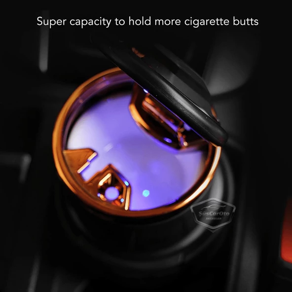 Üniversal Porselen Yanmaz Koku Geçirmez Mavi Işıklı Lüx Oto Küllük Dumansız Kapaklı Spor Araç İçi Küllük Araba Küllüğü Gold Karbon - 9