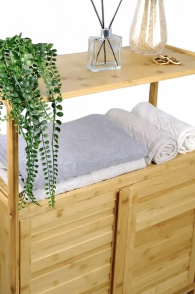 Bambu Çift Kapaklı 2 Raflı Çok Amaçlı Düzenleyici Organizer Banyo Dolabı - 4