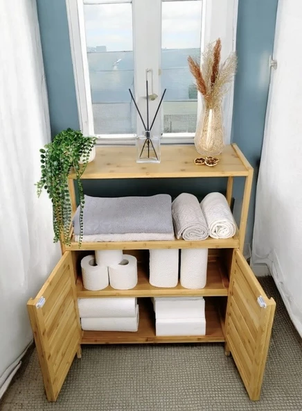 Bambu Çift Kapaklı 2 Raflı Çok Amaçlı Düzenleyici Organizer Banyo Dolabı - 3