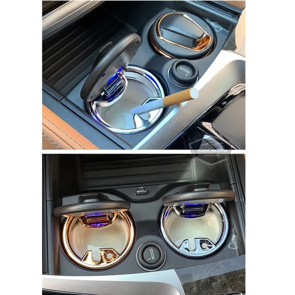 Üniversal Porselen Yanmaz Koku Geçirmez Mavi Işıklı Lüx Oto Küllük Dumansız Kapaklı Spor Araç İçi Küllük Araba Küllüğü Gold Karbon - 6