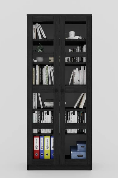 Midoser Lucas Cam Kapaklı Vitrin - Büfe - Kitaplık ve Çok Amaçlı Dolap ( AYARLANABİLİR RAF ) - Siyah - 3