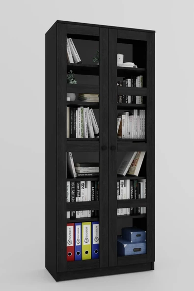 Midoser Lucas Cam Kapaklı Vitrin - Büfe - Kitaplık ve Çok Amaçlı Dolap ( AYARLANABİLİR RAF ) - Siyah - 5