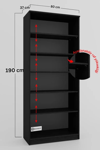 Midoser Lucas Cam Kapaklı Vitrin - Büfe - Kitaplık ve Çok Amaçlı Dolap ( AYARLANABİLİR RAF ) - Siyah - 7