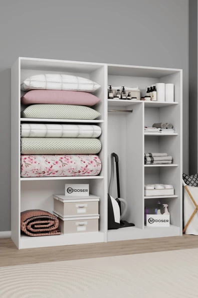 Midoser Lucas 4 Kapaklı 8 Raflı Yüklük ve Elbise Dolabı Seti - Mat Beyaz - 3