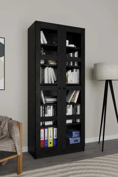 Midoser Lucas Cam Kapaklı Vitrin - Büfe - Kitaplık ve Çok Amaçlı Dolap ( AYARLANABİLİR RAF ) - Siyah - 2