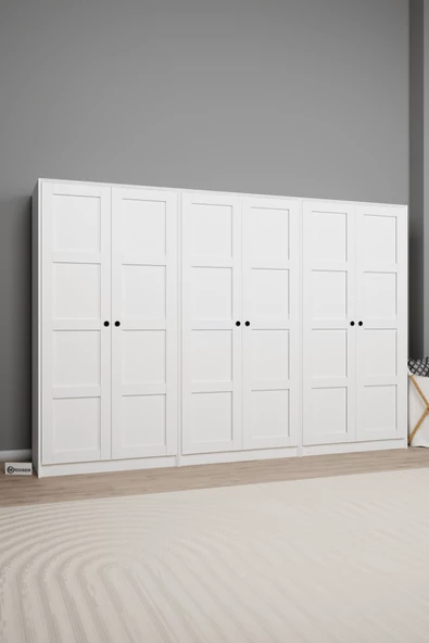 Midoser Lucas 6 Kapaklı 10 Raflı Elbise Dolabı-gardırop Seti Beyaz 282 Cm - 3