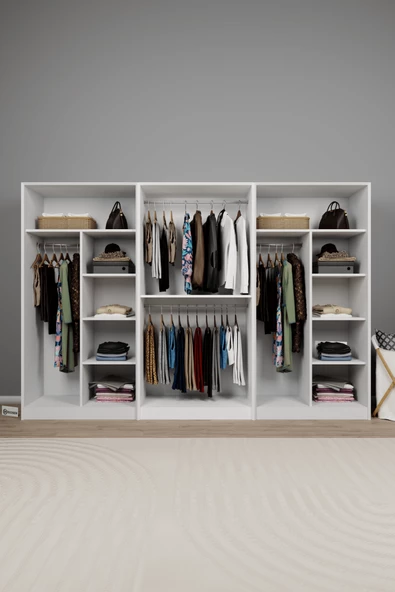 Midoser Lucas 6 Kapaklı 10 Raflı Elbise Dolabı-gardırop Seti Beyaz 282 Cm