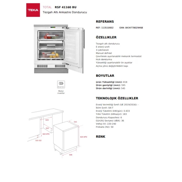 Teka RSF 41160 BU Tezgah Altı Ankastre Dondurucu - 4
