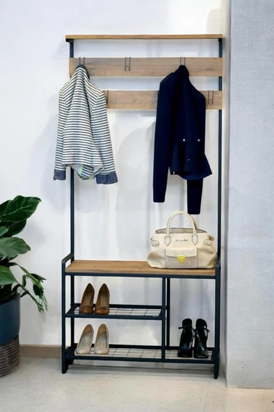 Digithome Metal Portmanto Elbise Askılığı Vestiyer,Ayakkabılık Atlantik Çam 1-1-369 - 5