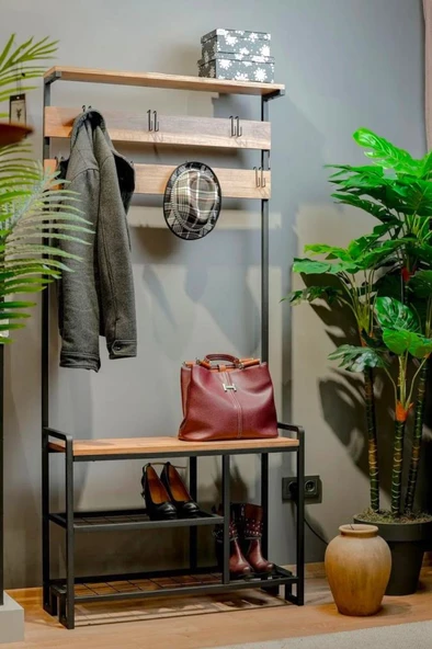 Digithome Metal Portmanto Elbise Askılığı Vestiyer,Ayakkabılık Atlantik Çam 1-1-369 - 3