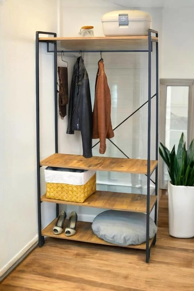 Digithome Dekoratif Metal 4 Raflı Ayakkabılık, Elbise ve Portmanto Askılığı Gardırop 9086 1-1-369