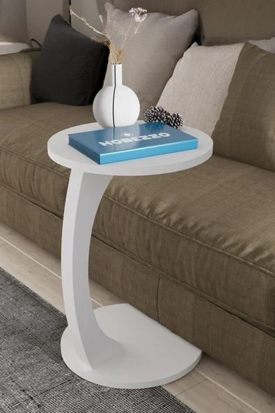 Limnizza C Ayaklı Yan Sehpa Yuvarlak Koltuk Yanı Sehpası Laptop Kahve Kitap Sehpa Modeli Beyaz