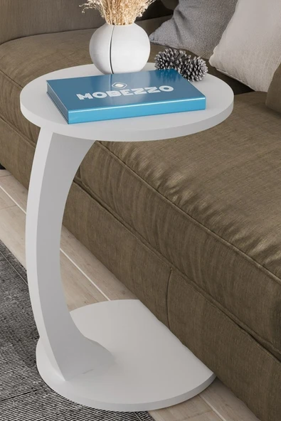 Limnizza C Ayaklı Yan Sehpa Yuvarlak Koltuk Yanı Sehpası Laptop Kahve Kitap Sehpa Modeli Beyaz - 2