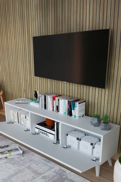 Mobezzo Beyaz 3 Kapaklı Tv Ünitesi 140 Cm Geniş Depolama Alanı, Salon, Fonksiyonel Tv Sehpası - 5
