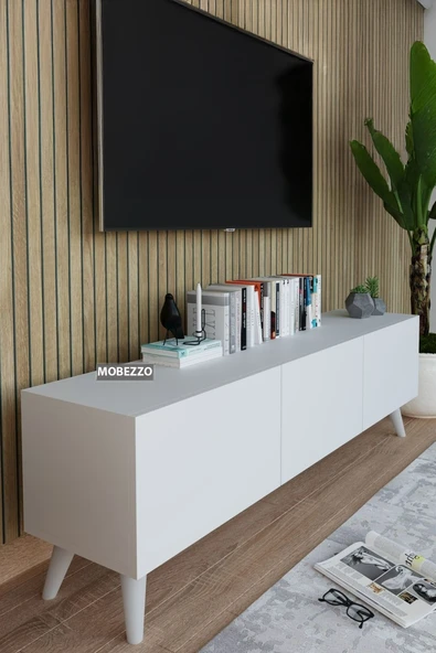 Mobezzo Beyaz 3 Kapaklı Tv Ünitesi 140 Cm Geniş Depolama Alanı, Salon, Fonksiyonel Tv Sehpası - 2