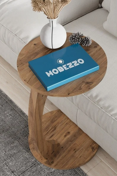 Limnizza C Ayaklı Yan Sehpa Yuvarlak Koltuk Yanı Sehpası Laptop Kahve Kitap Sehpa Modeli Çam - 3