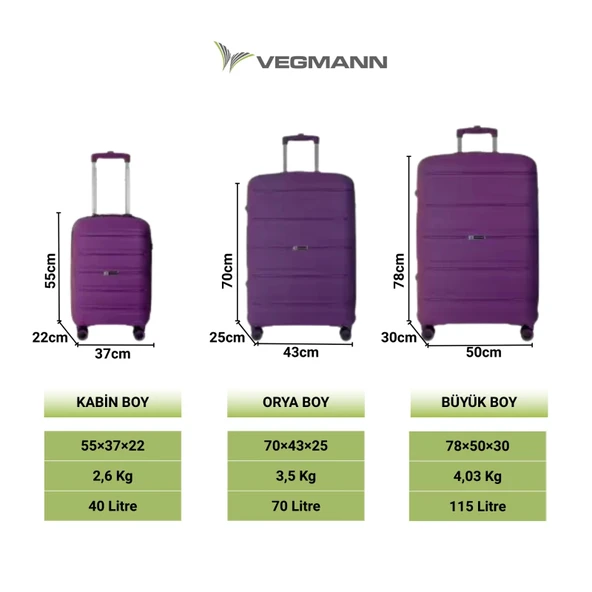 Vegmann Polipropilen (PP) Atlas Violet 3lü Valiz Seti - Resim 7