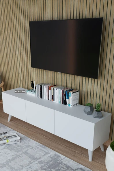 Mobezzo Beyaz 3 Kapaklı Tv Ünitesi 140 Cm Geniş Depolama Alanı, Salon, Fonksiyonel Tv Sehpası - 4