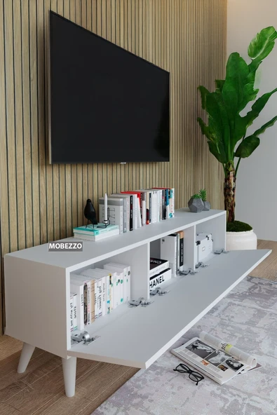Mobezzo Beyaz 3 Kapaklı Tv Ünitesi 140 Cm Geniş Depolama Alanı, Salon, Fonksiyonel Tv Sehpası - 3