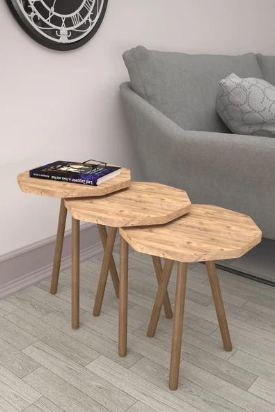 Mobezzo Sekizgen Zigon Sehpa 3'lü Set Ahşap Orta Sehpa Modern Yan Sehpa Takımı Dekoratif Sehpa Atlantik Çam - 2