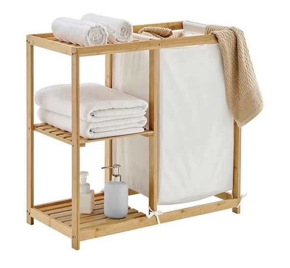 Bambu Kirli Çamaşır Sepeti Banyo Düzenleme Dolabı Raflı Banyo Organizeri