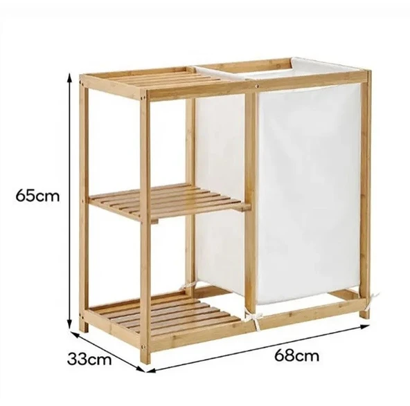 Bambu Kirli Çamaşır Sepeti Banyo Düzenleme Dolabı Raflı Banyo Organizeri - 3