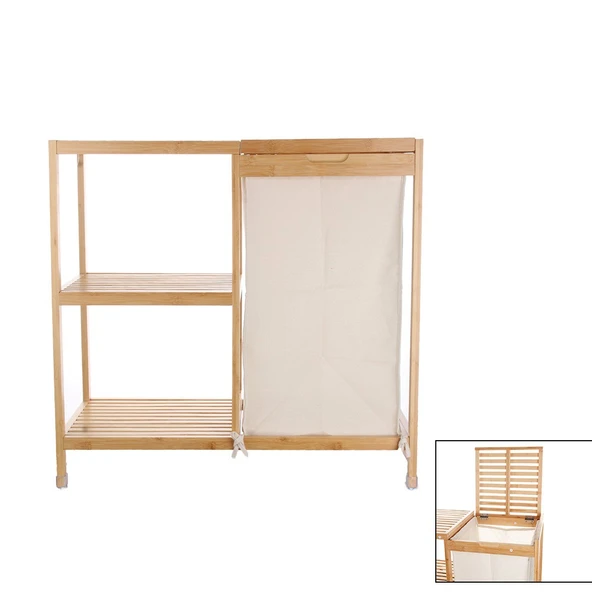 Bambu Kirli Çamaşır Sepeti Banyo Düzenleme Dolabı Raflı Banyo Organizeri - 2