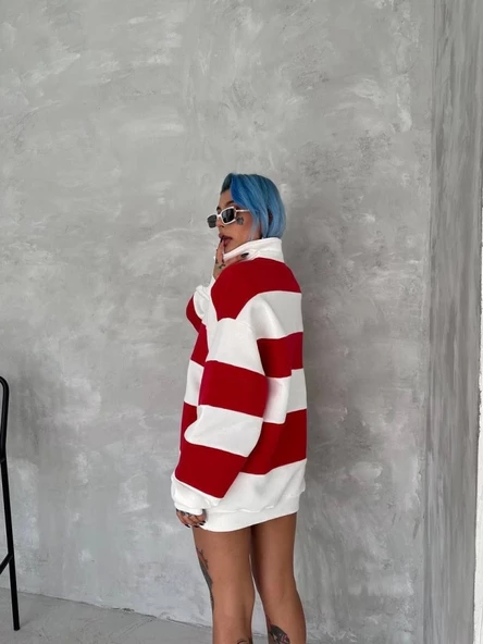 Unisex Üç İplik Parçalı Yakalı SweatShirt - Kırmızı - 2