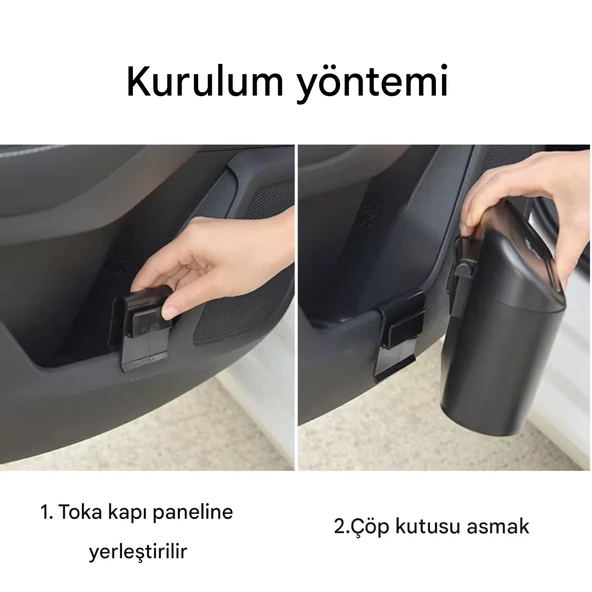 Araba Çöp Kutusu Portatif Araç İçi Taşınabilir Kapaklı Organizer Çöp Kovası İtme Kapaklı Kova(SİYAH) - 5