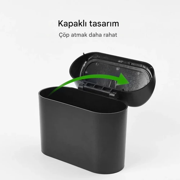 Araba Çöp Kutusu Portatif Araç İçi Taşınabilir Kapaklı Organizer Çöp Kovası İtme Kapaklı Kova(SİYAH) - 7