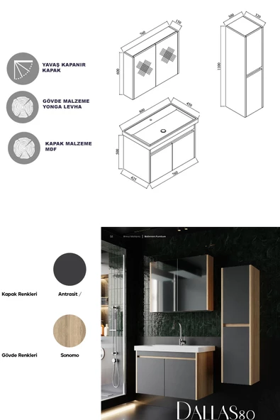 Karen Banyo Dallas 80 Cm Lavabolu,Aynalı Banyo Dolabı,Lavabo Dahil,Boy Dolabı Dahil,S.meşe-Antrasit - 5