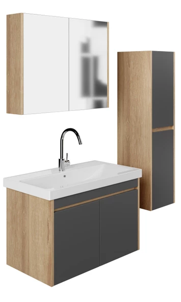 Karen Banyo Dallas 80 Cm Lavabolu,Aynalı Banyo Dolabı,Lavabo Dahil,Boy Dolabı Dahil,S.meşe-Antrasit - 4