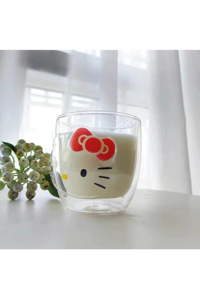 NETAVANTAJ Hello Kitty Çift Cidarlı Cam Kupa Bardak - 5