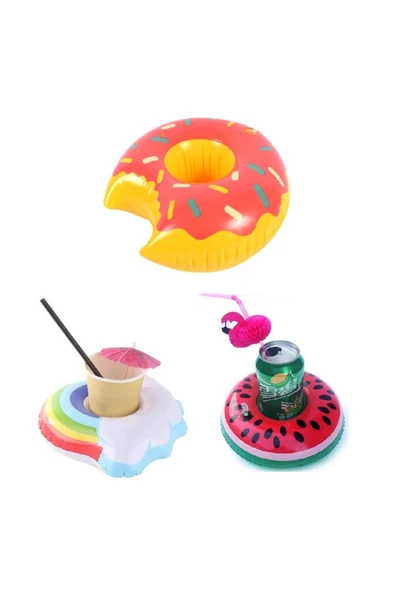 NETAVANTAJ Donut Karpuz Gökkuşağı 3lü Set Şişme Havuz Deniz Bardak Tutucu Float Bar Seti