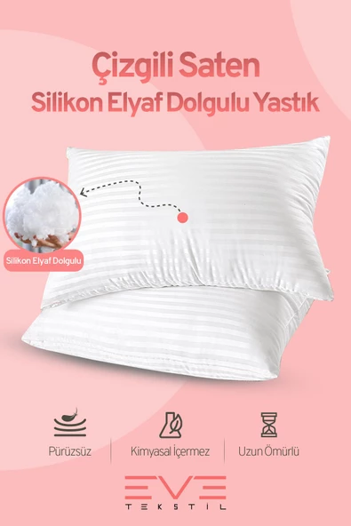 2 Adet Çizgili Saten Fermuarlı Antialerjik Yıkanabilir Silikon Elyaf Yüksek Dolgulu Yastık 900 gr - 2
