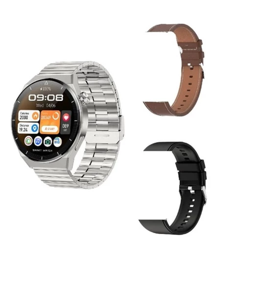 G3 Max Akıllı Saat (IOS-ANDROID uyumlu) GÜMÜŞ RENK 3 KORDONLU - 2