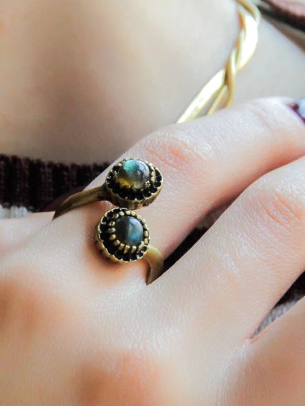 Doğal Taş İkili Labradorit Doğal Taşlı Ayarlanabilir Yüzük euy25lbt - Resim 2