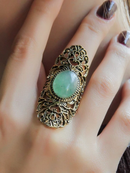 Doğal Taş Yeşil Akik Doğal Taşlı Antik Ayarlanabilir Kadın Yüzük euy45ya ürün görseli