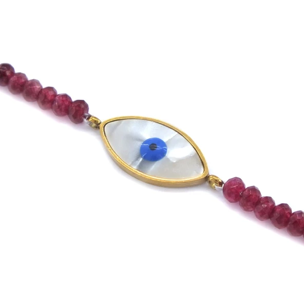 BZ Altın Kaplama Göz Motifli Bordo Mercan Bileklik BLK-879 - 3