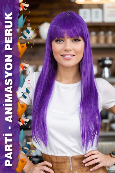 Parti / Animasyon / Tiyatro Uzun Kahküllü Fiber Sentetik Peruk - Mor - Resim 4