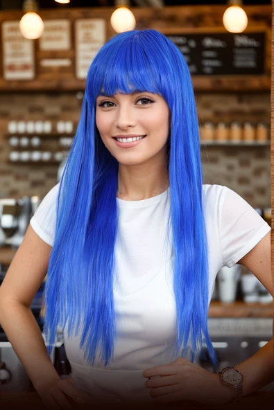 Parti / Animasyon / Tiyatro Uzun Kahküllü Fiber Sentetik Peruk - Koyu Mavi - Resim 3