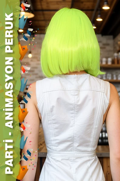 Parti / Animasyon / Tiyatro Küt Kahküllü Fiber Sentetik Peruk - Neon Sarı - Resim 3