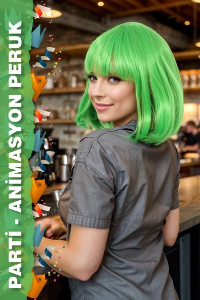 Parti / Animasyon / Tiyatro Küt Kahküllü Fiber Sentetik Peruk - Neon Yeşil - Resim 2