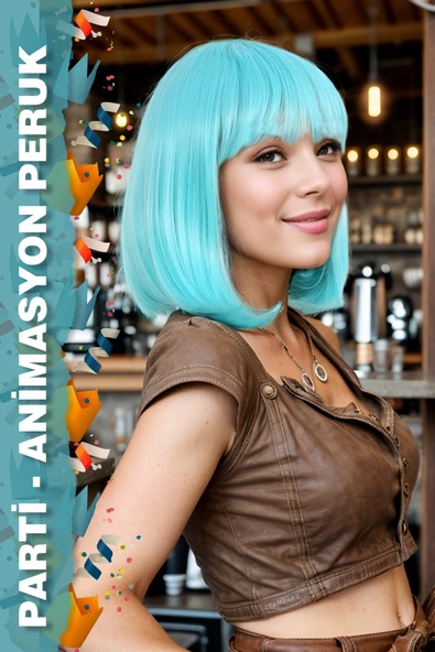 Parti / Animasyon / Tiyatro Küt Kahküllü Fiber Sentetik Peruk - Bebek Mavisi ürün görseli