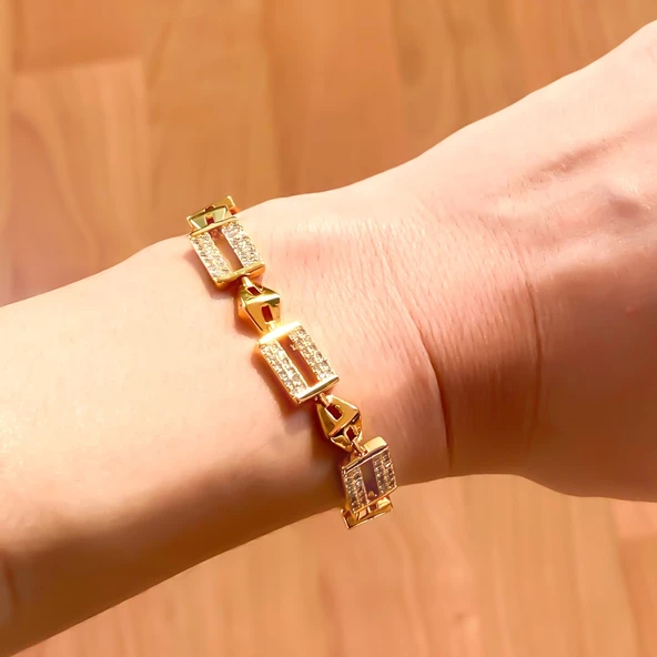 BZ Altın Kaplama Kare Zirkon Taşlı Kadın Zincir Bileklik BLK-823 - 2