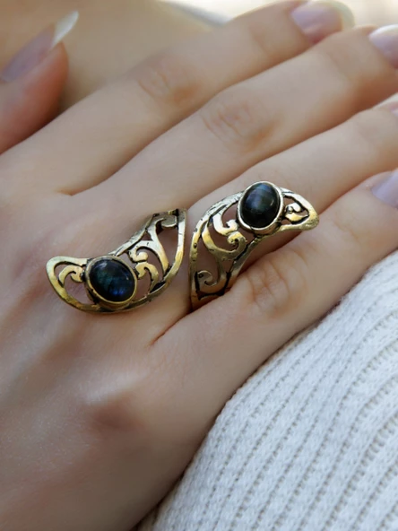 Doğal Taş İkili Oval Labradorit Doğal Taşlı Kadın Ayarlanabilir Antik Yüzük euy49lbt ürün görseli